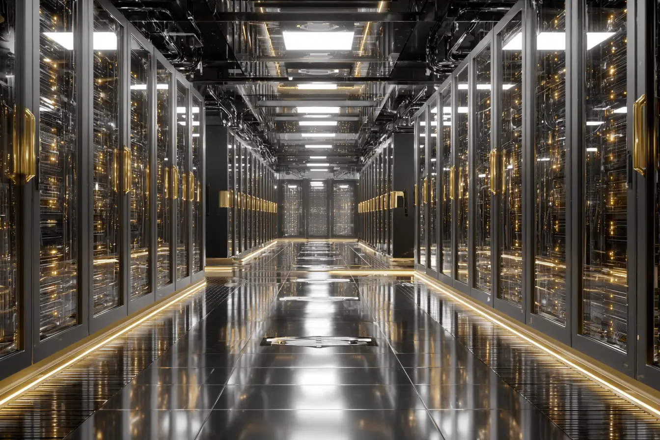 Premium enterprise cloud infrastructure data centre with secure server architecture and gold-lit network environment